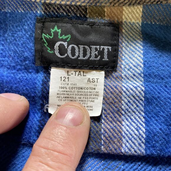 Vintage Codet Shirt Mens Large Tall Gray Blue Flannel Plaid Made in USA Workwear - Picture 3 of 9